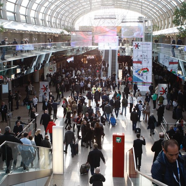 Picture of the Euroshop in Düsseldorf with visitors entering the fair